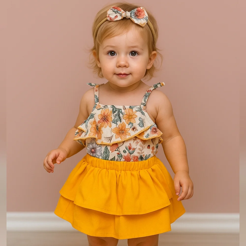 Girls Boho Floral Ruffle Outfit Set Mustard Tiered Skirt & Matching Bow Headband